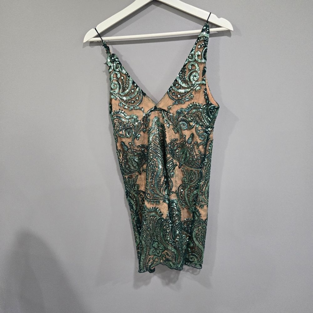 🐢 Free People Sparkle Night Shimmers Teal Mini Dress Size 4